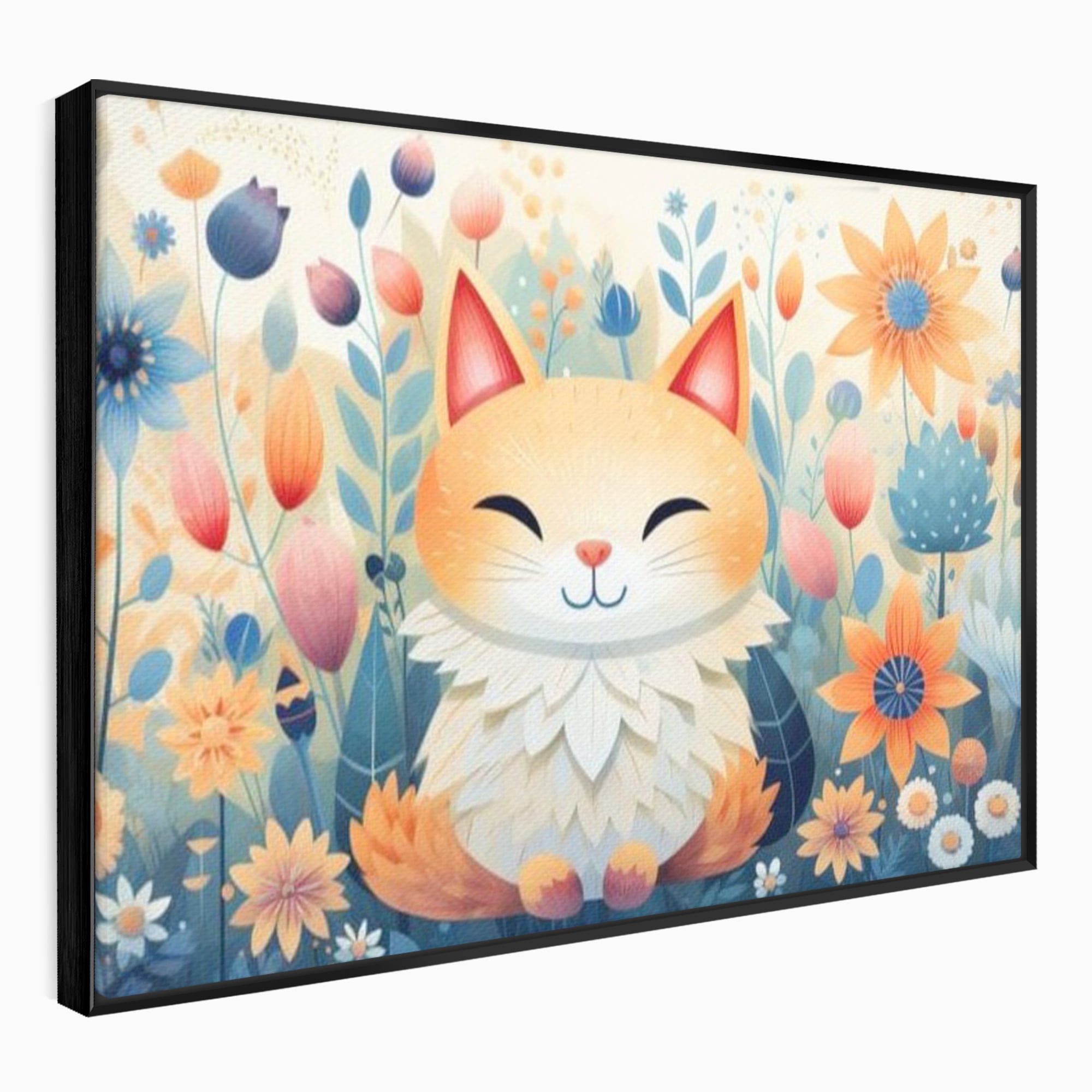Tablou canvas cu tablou canvas cu pisicuta in gradina cu flori, in rama de aluminiu negru